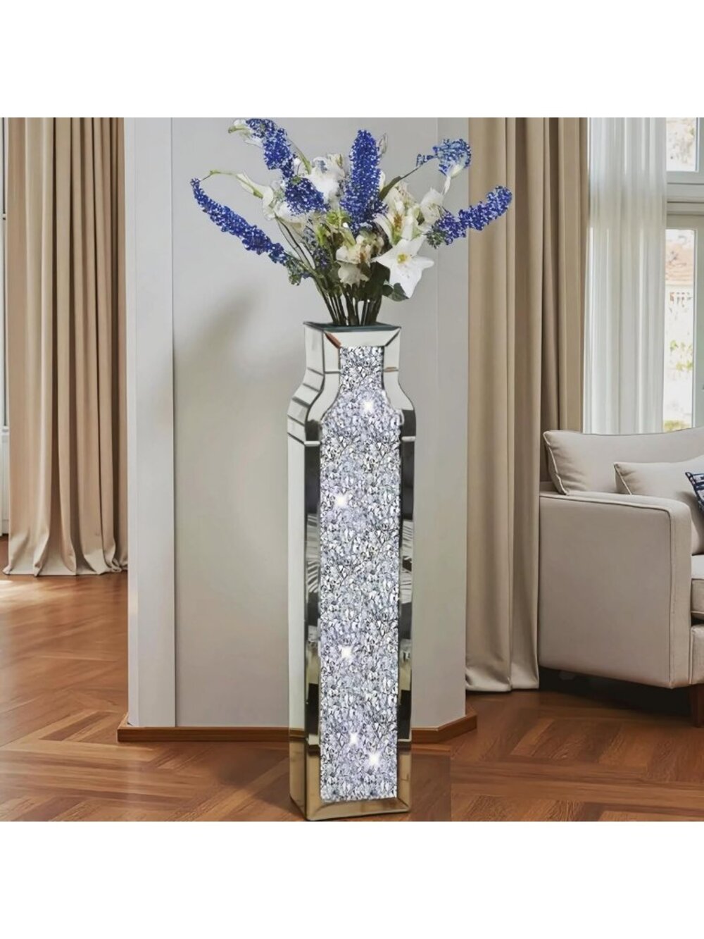 30" Tall Double-Sided Crushed Diamond Floor Vase - Large Decorative Home